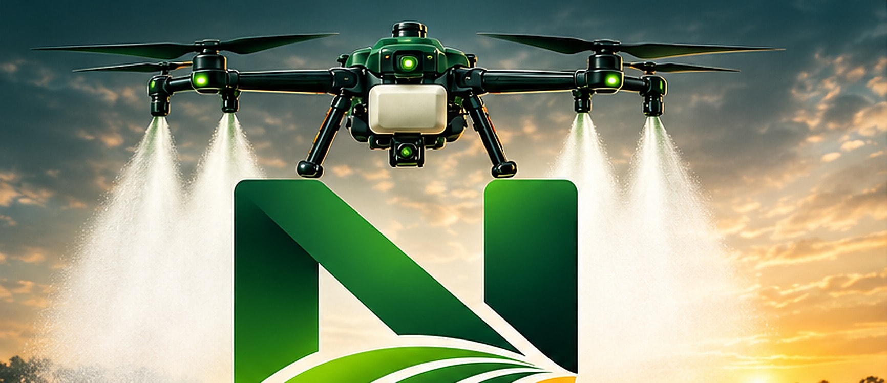Drone agrícola da Norte Drones pulverizando lavoura ao entardecer